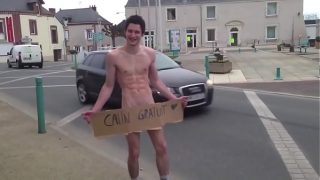 french guy completely naked in public street after loosing a bet